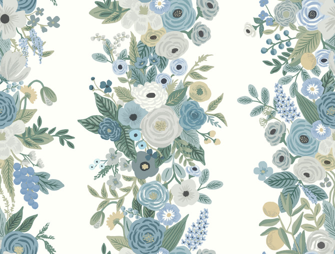 Garden Party Trellis White & Blue Wallpaper by Rifle Paper Co. Designer Rifle Paper Co. Second Edition Covers about 60.8 square feet 27-in by 27-ft long roll Unpasted 20.5 - Swanky Fabrics -