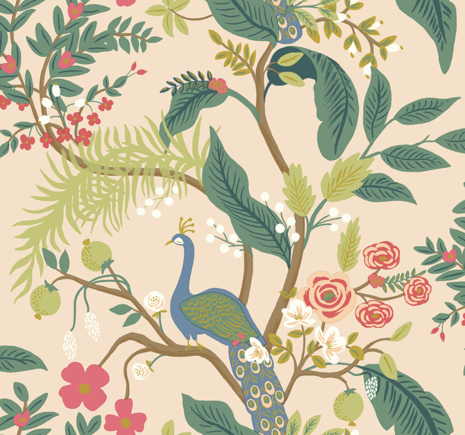 Peacock Light Pink Wallpaper by Rifle Paper Co. Designer Rifle Paper Co. Covers about 60.8 square feet 27-in by 27-ft long roll Unpasted 25.25 - Swanky Fabrics -