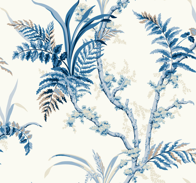 Enchanted Fern Blue Wallpaper by York Wallcoverings Designer Grandmillennial Covers about 60.8 square feet 27-in by 27-ft long roll Prepasted 25.25 - Swanky Fabrics -