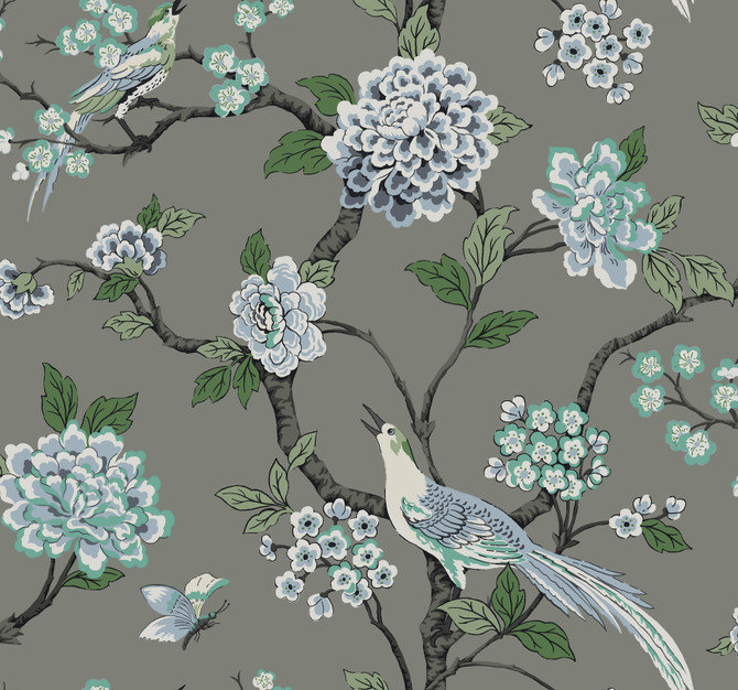 Fanciful Grey Wallpaper by York Wallcoverings Designer Grandmillennial Covers about 60.8 square feet 27-in by 27-ft long roll Prepasted 25.25 - Swanky Fabrics -