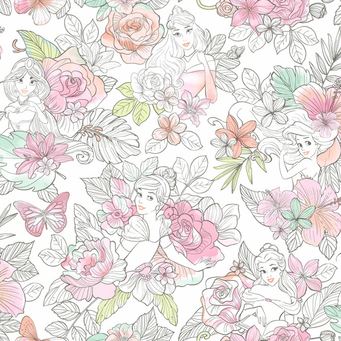Disney Princess Royal Floral Coral Wallpaper by York Wallcoverings Designer Disney Kids Vol. 4 Covers about 56.4 square feet 20.5-in by 33-ft long roll Unpasted 20.5 - Swanky Fabrics -