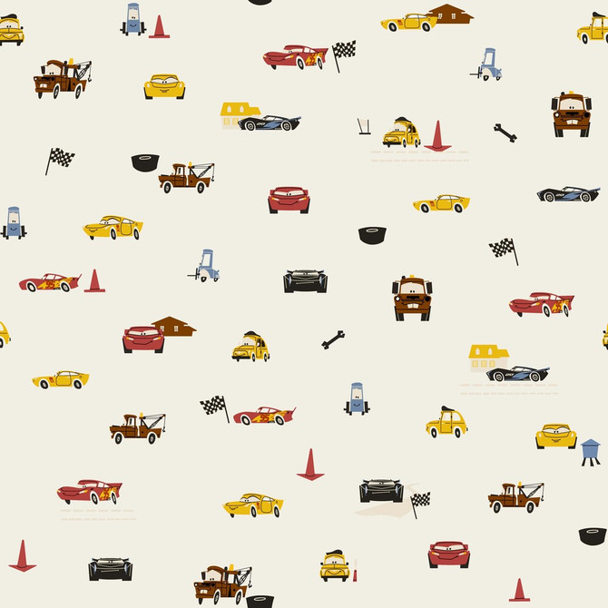 Disney & Pixar Cars Racing Spot Cream Wallpaper by York Wallcoverings Designer Disney Kids Vol. 4 Covers about 56.4 square feet 20.5-in by 33-ft long roll Unpasted 20.5 - Swanky Fabrics -