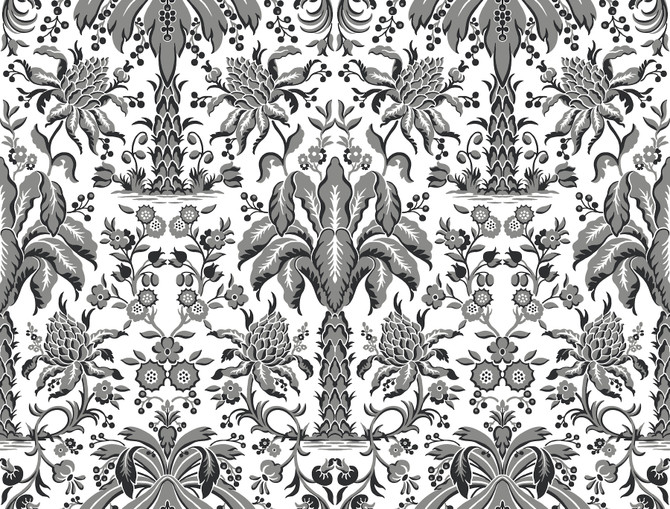 Palmetto Palm Damask Black Wallpaper by York Wallcoverings Designer Damask Resource Library Covers about 60.8 square feet 27-in by 27-ft long roll Unpasted 20.5 - Swanky Fabrics -