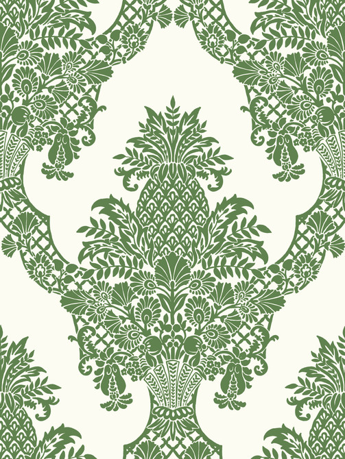 Pineapple Plantation Green & White Wallpaper by York Wallcoverings Designer Damask Resource Library Covers about 60.8 square feet 27-in by 27-ft long roll Prepasted 36 - Swanky Fabrics -