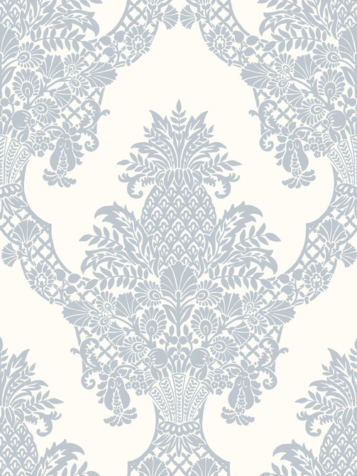 Pineapple Plantation Periwinkle & White Wallpaper by York Wallcoverings Designer Damask Resource Library Covers about 60.8 square feet 27-in by 27-ft long roll Prepasted 36 - Swanky Fabrics -