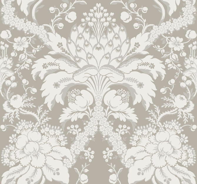 French Artichoke Dam Beige Wallpaper by York Wallcoverings Designer Damask Resource Library Covers about 60.8 square feet 27-in by 27-ft long roll Prepasted 25.25 - Swanky Fabrics -