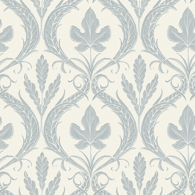 Adirondack Damask Blue & Beige Wallpaper by York Wallcoverings Designer Damask Resource Library Covers about 56.4 square feet 20.5-in by 33-ft long roll Prepasted 20.5 - Swanky Fabrics -