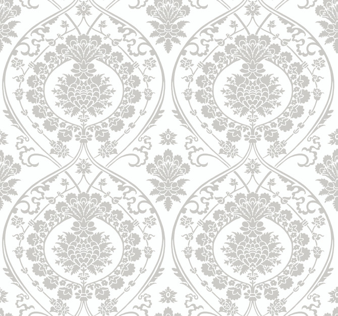 Imperial Damask White & Silver Wallpaper by York Wallcoverings Designer Shimmering Finishes Covers about 60.8 square feet 27-in by 27-ft long roll Unpasted 12.6 - Swanky Fabrics -