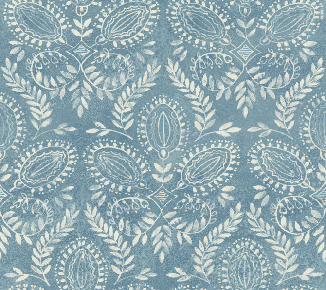 Laurel Damask Blue Wallpaper by Antonina Vella Designer Antonina Vella Boho Luxe Covers about 60.8 square feet 27-in by 27-ft long roll Unpasted 24 - Swanky Fabrics -
