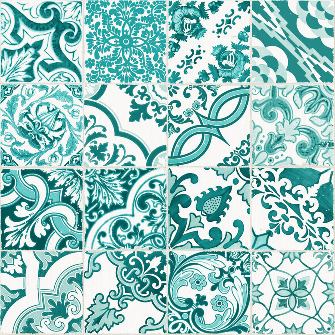 Cohen Turquoise Tile Wallpaper by ESTA Home Designer Design Department Covers about 56.4 square feet 20.5-in by 33-ft long roll Unpasted 20.9 - Swanky Fabrics -