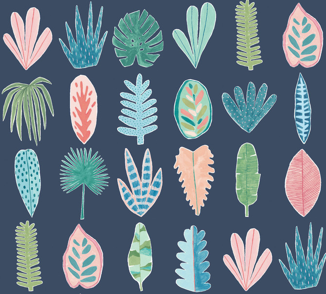 Leaf Boogie Denim Tropical Mix Wallpaper by ohpopsi Designer Glasshouse Covers about 54.2 square feet 19.7-in by 33-ft long roll Unpasted 39.7 - Swanky Fabrics -