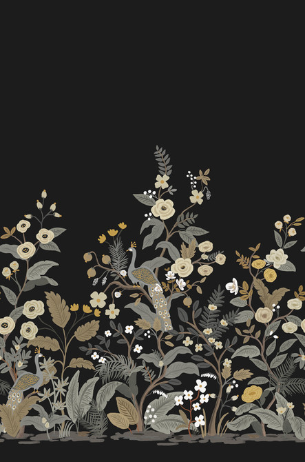 Peacock Black Wall Mural by Rifle Paper Co. Designer Rifle Paper Co. Second Edition Covers 3 panels - measures 6.75-ft wide by 10.2-ft long when assembled 27-in by 10.2-ft long roll Unpasted 0 - Swanky Fabrics -