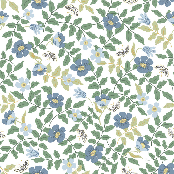 Primrose Blue & White Peel & Stick Wallpaper by Rifle Paper Co. Designer Rifle Paper Co. Premium Peel & Stick Covers about 34.2 square feet 20.5-in by 20-ft long roll Peel & Stick 20.5 - Swanky Fabrics -