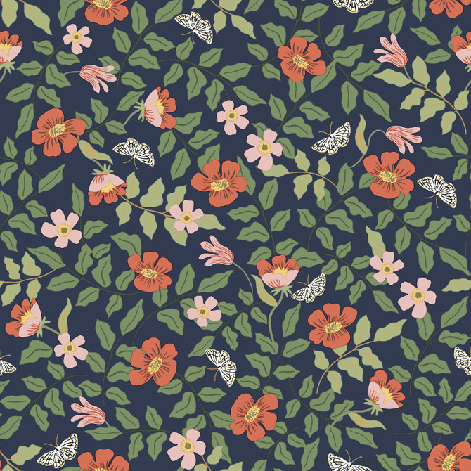 Primrose Rose & Navy Peel & Stick Wallpaper by Rifle Paper Co. Designer Rifle Paper Co. Premium Peel & Stick Covers about 34.2 square feet 20.5-in by 20-ft long roll Peel & Stick 20.5 - Swanky Fabrics -