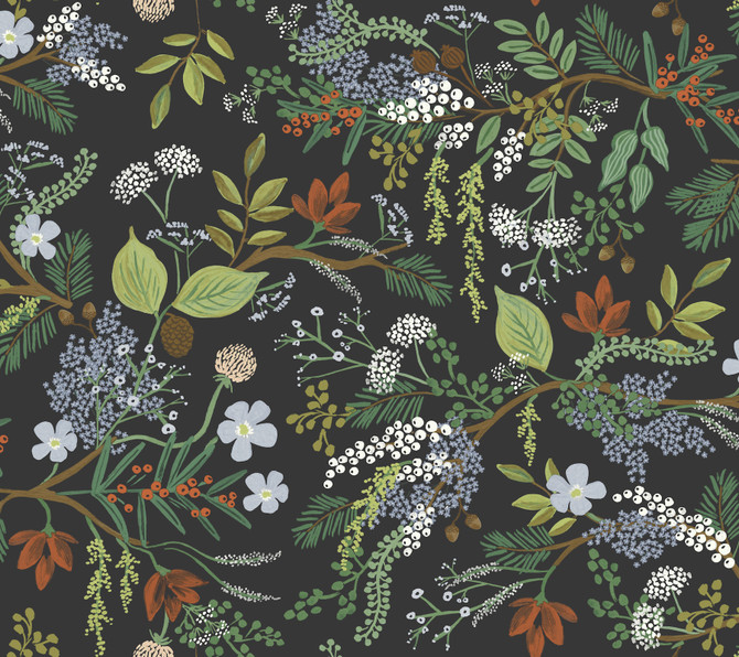 Juniper Forest Black Peel & Stick Wallpaper by Rifle Paper Co. Designer Rifle Paper Co. Premium Peel & Stick Covers about 45 square feet 27-in by 20-ft long roll Peel & Stick 24 - Swanky Fabrics -