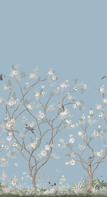 Lingering Garden Sky Blue Wall Mural by Ronald Redding Designer Classics Covers 2 panels - measures 5.5-ft wide by 10.2-ft tall when assembled 33.25-in by 10.2-ft long roll Unpasted 0 - Swanky Fabrics -