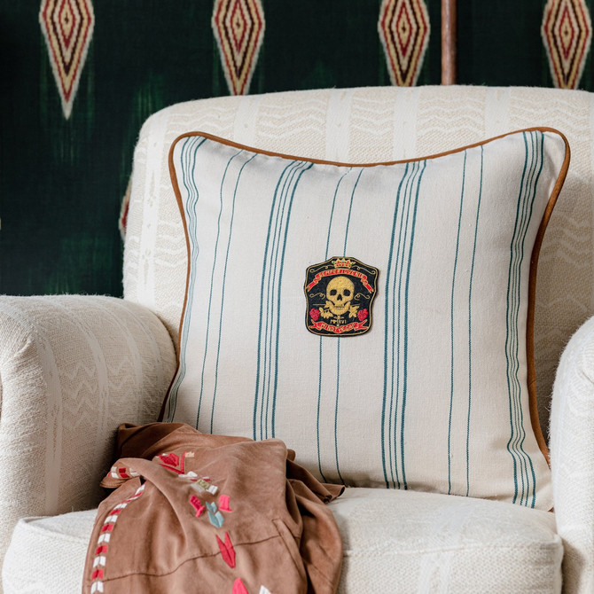 Mind The Gap Pillows WICHITA STRIPES Cushion (LC40160) | LC40160 | WOODSTOCK '69 LIFESTYLE COLLECTION | 20 x 20 in | Blue, Taupe | Fabric Carolina | https://www.fabriccarolina.com/