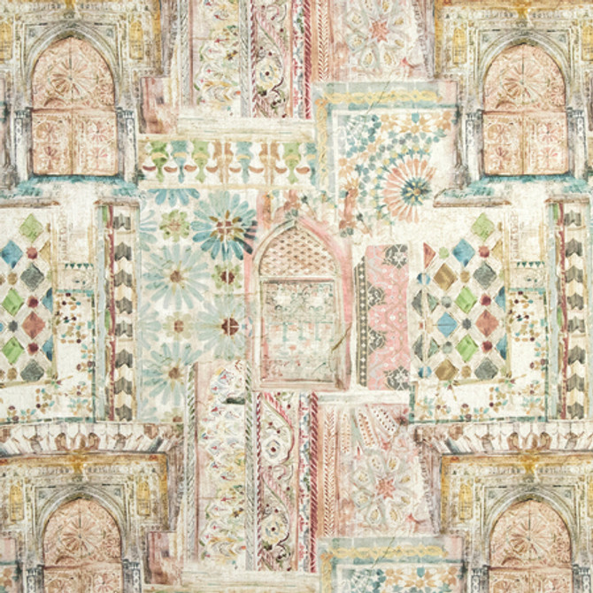 Marrakesh Desert by Carole Designer Fabric Serene Green 92% Polyester, 8% Linen 110,000 Wyzenbeek Double Rubs 28 1/4" V, 28 1/2" H 56.5" - Swanky Fabrics -