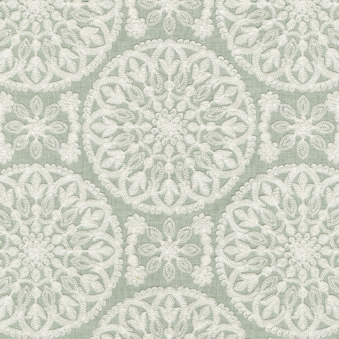 Lace Medallion Emb Mist 472231 by PK Lifestyles Designer Fabric Cultural Exchange IX Base: 52% Polyester, 48% Cotton EMB: 100% Rayon India 51000 H: 10.2, V: 9 52 - Swanky Fabrics -