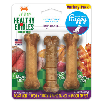 Nylabone Healthy Edibles Puppy Natural Long Lasting Dog Chew Treats Roast Beef, Turkey & Apple, & Bacon X-Small/Petite (3 Count)