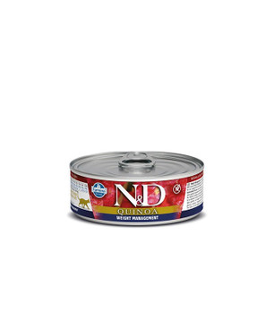 N&D Quinoa Weight Management  un alimento dietetico completo per gatti, consigliato per la riduzione dell?eccesso di peso corporeo.