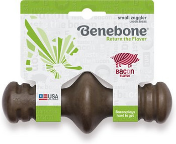 In life, the chase can be half the fun. Specially designed to roll, the Zaggler is still made with the same flavorful deliciousness as the rest of our Benebone chews. Only this time, the bacon is playing hard to get. Always monitor your dog when chewing. Meant to be chewed on, but not ingested. Ingredients: Nylon, Bacon.