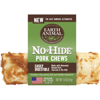 Earth Animal No Hide is a delicious and long lasting venison chew that is a safe alternative to rawhide. This digestible chew is made with humanely raised venison that is rolled and baked with organic eggs and olive oil. This process creates a flavorful snack that will provide hours of chewing fun. An added benefit to providing chew treats is better dental hygiene. While your dog chews on No Hide treats, it will gently help scrape plaque and tarter off the teeth. Earth Animal Dog Treats are Proudly Made in the USA at an USDA inspected Human Food Facility. Approx. 1 to 1.5 inches wide.
