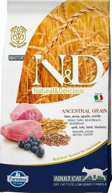 Farmina N&d Natural And Delicious Low Grain Adult Lamb & Blueberry Dry Cat Food-11-lb-{L+1x} 8010276032768