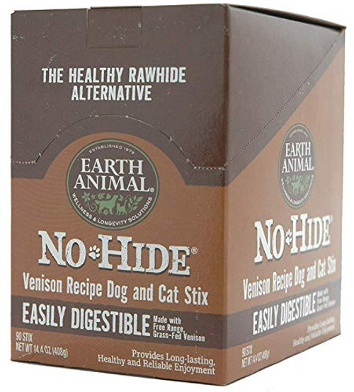 Earth Animal Venison No-Hide Chews are made with free range, grass fed Venison. They are a long lasting, easily digestible chew, created for your dogs enjoyment and your own peace of mind. Venison No-Hides contains muscle meat that is high in protein and B vitamins. It is preservative-free with no growth hormones, steroids, or other fillers. Venison also includes a good amount of B vitamins, zinc, and phosphorus. Venison is low in sodium and a very good source of protein. All of these are important parts and beneficial for a healthy dog chew. Venison is in a class of its own, simple divine and your dogs will love it! If your dog has any allergies or sensitivities to other ingredients like beef or chicken, venison is an excellent alternative. It is less likely to lead to allergic reactions or similar issues because it is a novel protein that your dog likely hasnt been exposed to before. The best part-Venison is tasty, perfect for any finicky eater, this is an ideal option for your 4-legged friend. No chemicals, additives, bleaches or formaldehydes. We always suggest giving No-Hides or any chew under supervision.