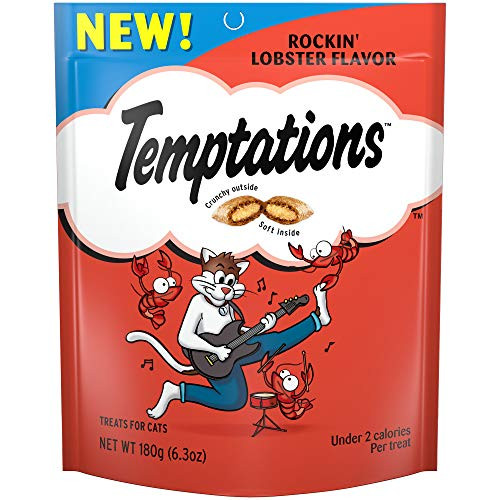 Temptations Rockin' Lobster Flavor Cat Treats, 6.3-oz bag; Tempt your kitty with the scrumptious taste and enticing texture of Temptations Rockin? Lobster Flavor Cat Treats. These unique little pocket-shaped rewards have an irresistible crunchy outside and a soft and creamy inside with a natural lobster flavor. These Temptations treats are 100% nutritionally complete and balanced for adult cats and are just under two calories per piece. Shake the bag or tub to capture your cat?s attention and watch her run towards you with pure excitement, ready for next reward! Never Run Out with Autoship - Easy Repeat Deliveries.