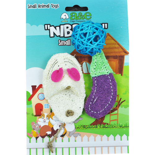A & E Cages Nibbles Small Animal Loofah Chew Toy Eggplant/Ball/Mouse