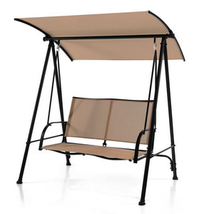 2-Seat Outdoor Canopy Swing with Comfortable Fabric Seat and Heavy-duty Metal Frame-Beige - Color: 