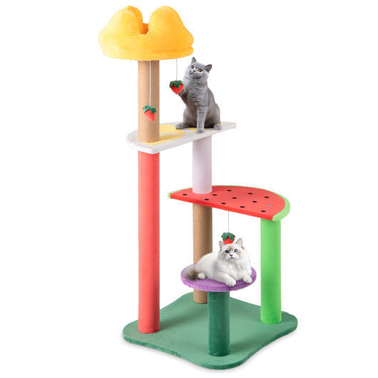 45 Inch Multi-Level Cat Tree with Plush Padded Top Perch and Fruit-Shaped Platforms