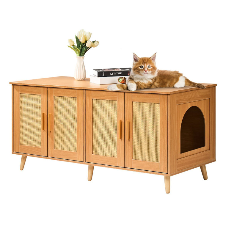 Cat Litter Box Enclosure for 2 Cats, Litter Box Furniture Hidden with Rattan Decorated Doors, Woode