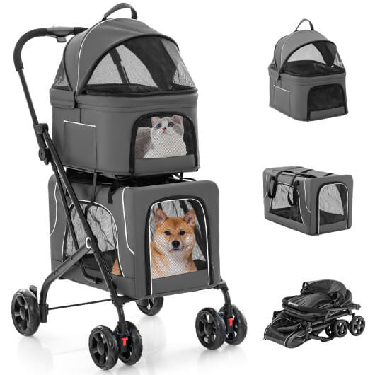 Double Pet Stroller Foldable 3-in-1 Dog Stroller with 2 Detachable Carriers-Gray - Color: Gray
