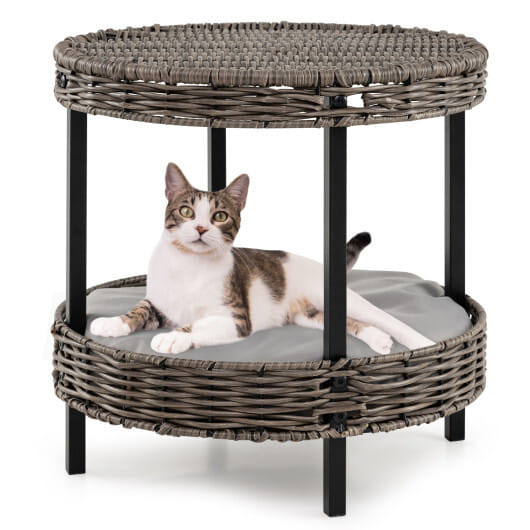 2-tier Rattan Cat Nest with Removable Padded Cushion-Gray