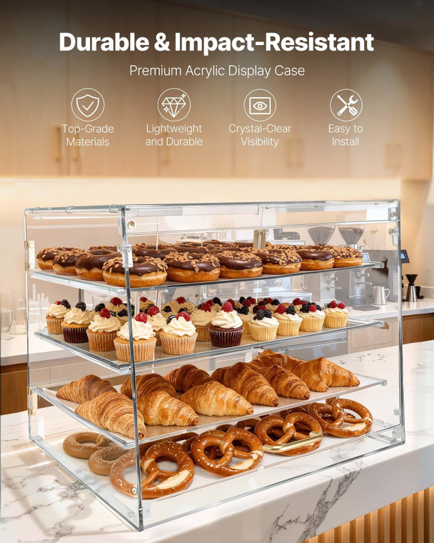 Bakery Display Case, 4-Tier Commercial Countertop Pastry Display Case, Clear Acrylic Bread Box for 