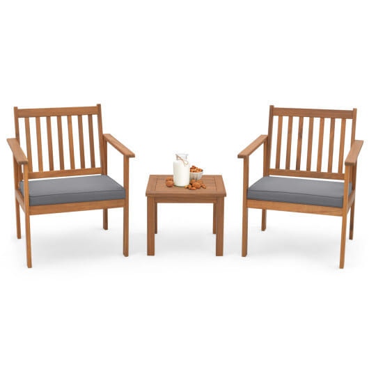 3 Pieces Patio Wood Furniture Set with soft Cushions for Porch-White