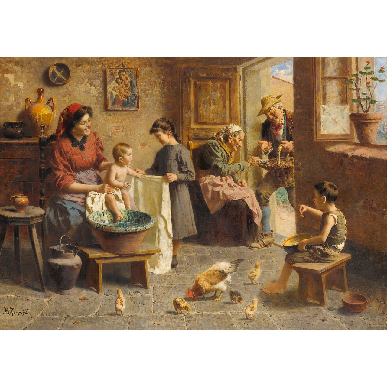 Finely Painting of a Happy Italian Family by Zamphigi - F&P Associates