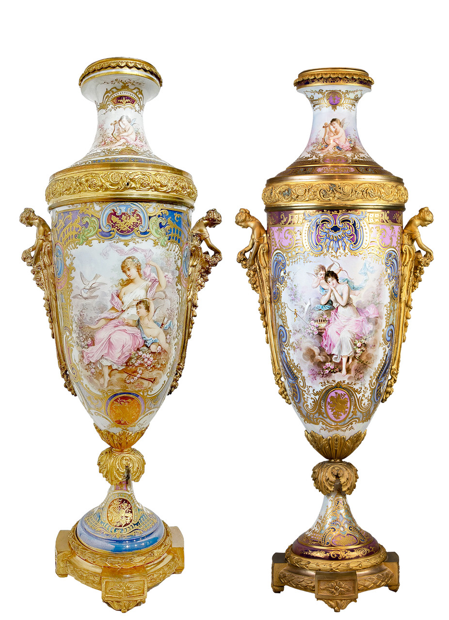 Pair of Exquisite Sèvres Style Gilt Bronze Mounted Porcelain Pink