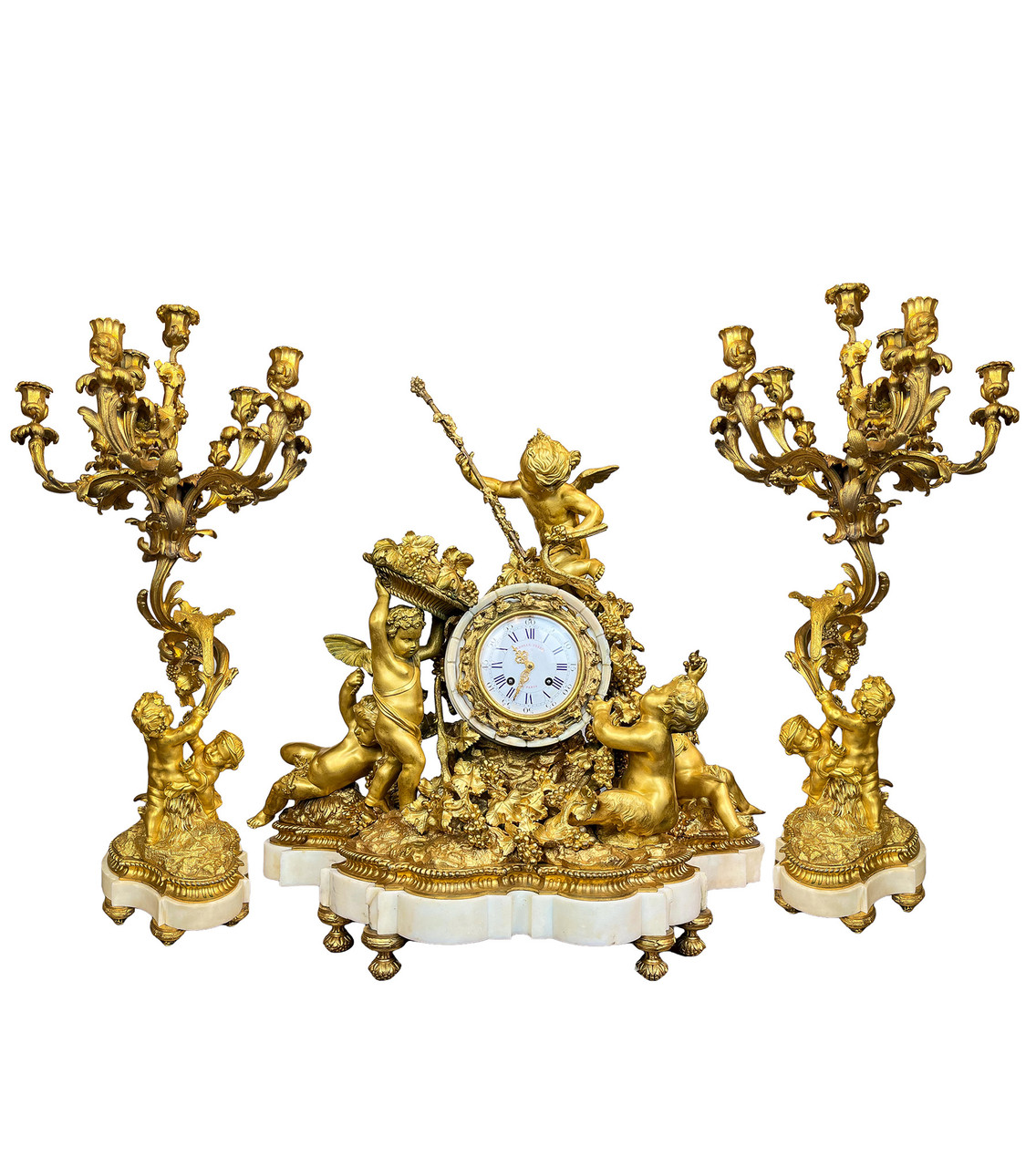 ˚✧₊⁎❤︎ フランスアンティーク ルイーズブロンニャールの少女像 ❤︎⁎⁺˳✧༚ important Fine Gilt Bronze and White marble Garniture set by