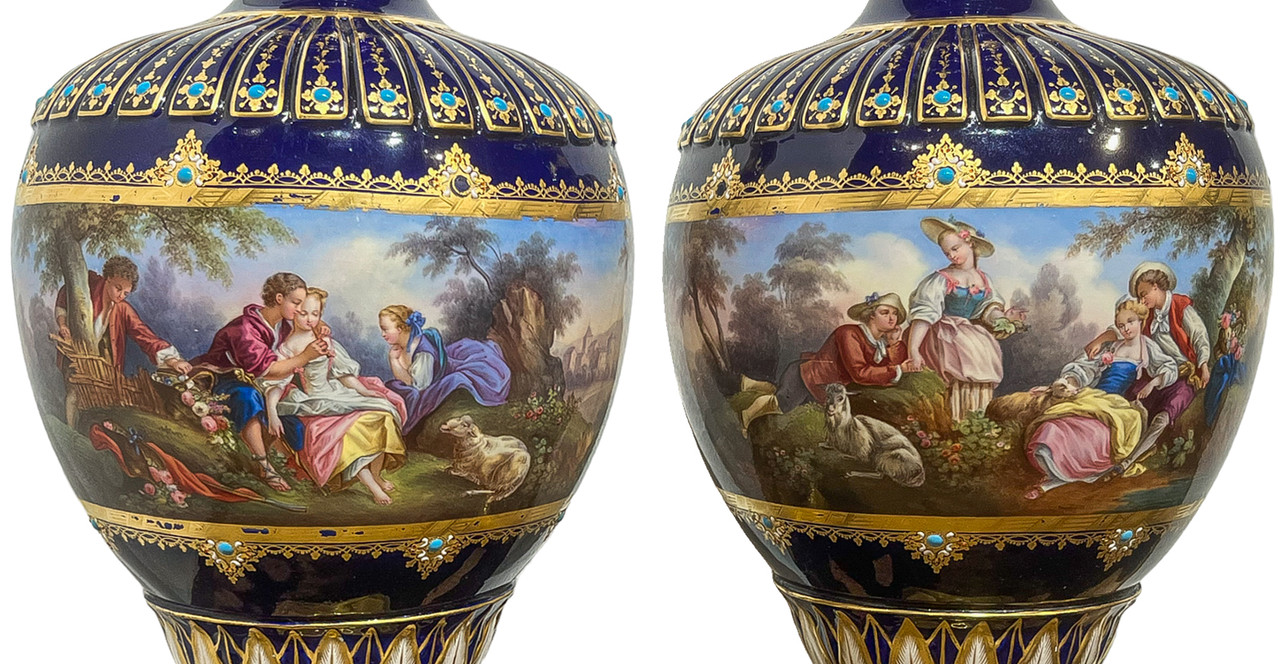 Blue Sevres Pair of Jeweled Vases with Gilt Paint and Turquoise