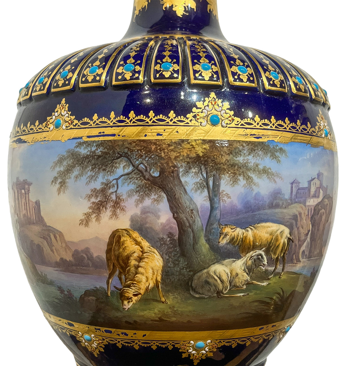Blue Sevres Pair of Jeweled Vases with Gilt Paint and Turquoise