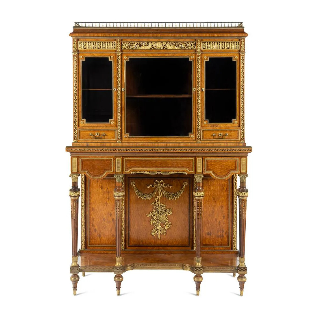 A Louis XVI Style Gilt Bronze Mounted Parquetry Cabinet-on-Stand