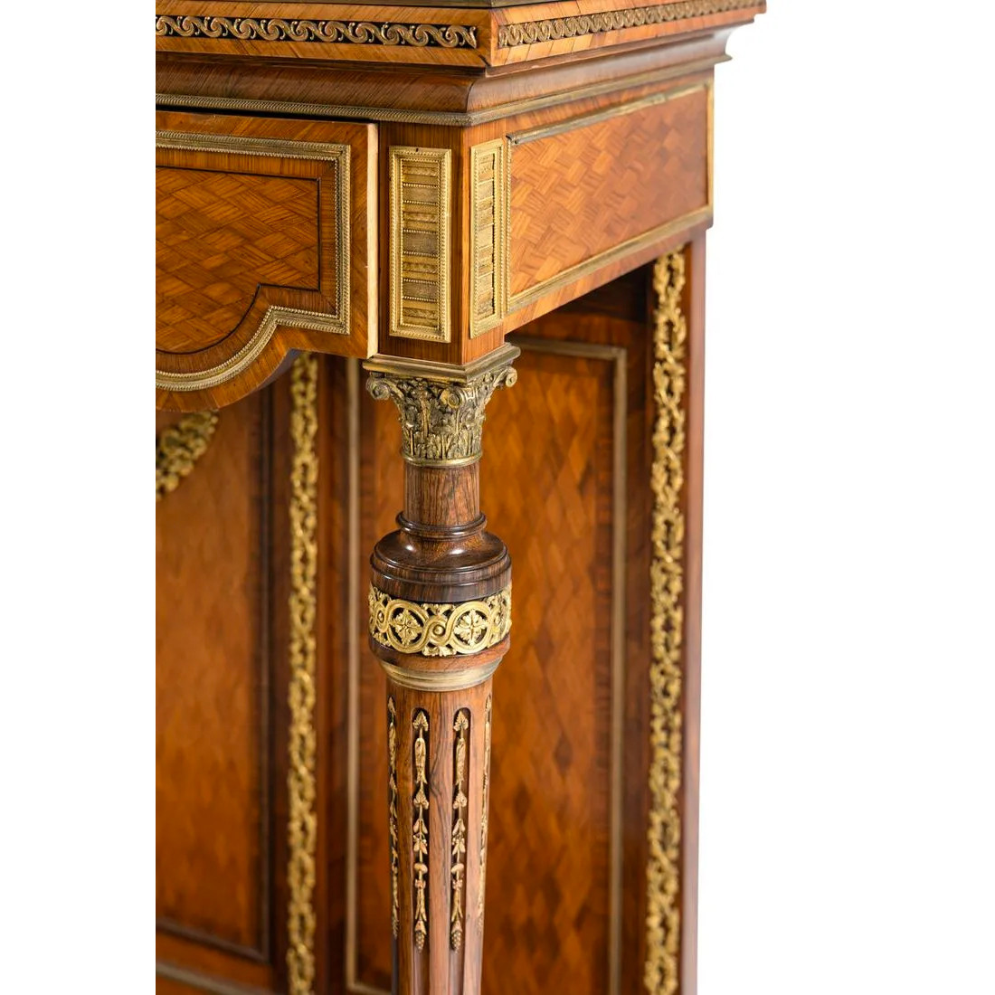 A Louis XVI Style Gilt Bronze Mounted Parquetry Cabinet-on-Stand