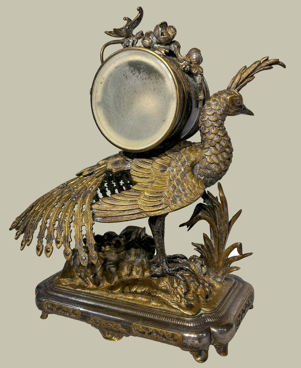 French Japonisme Gilt and Silvered Bronze Clock Garniture Set By