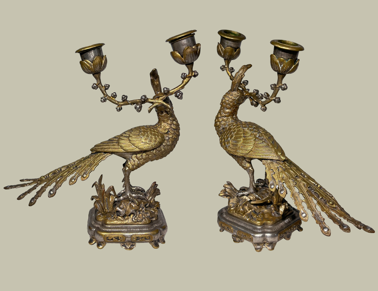 French Japonisme Gilt and Silvered Bronze Clock Garniture Set By
