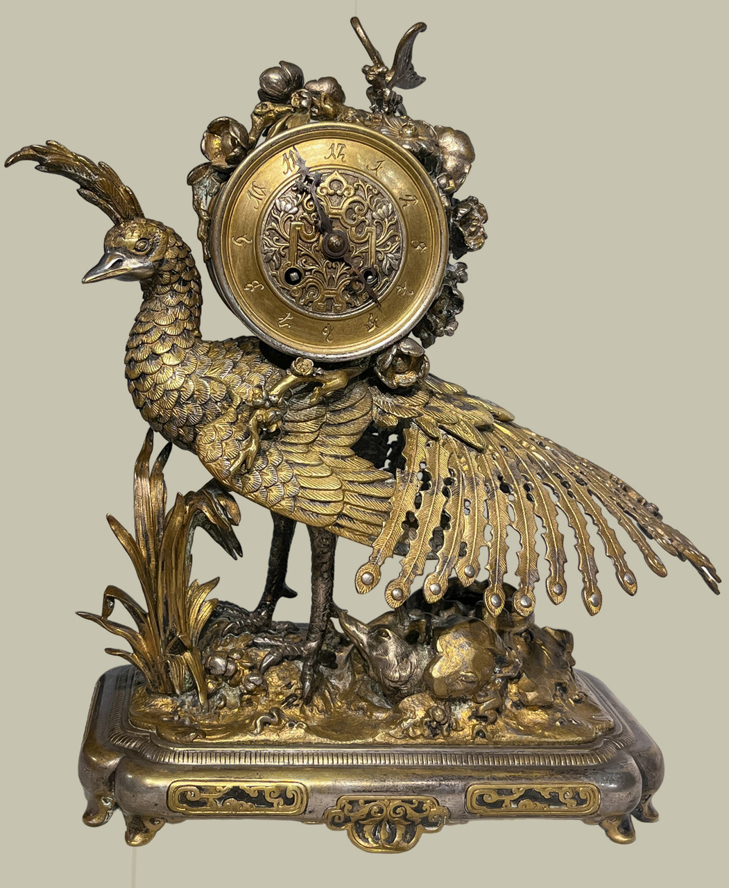 French Japonisme Gilt and Silvered Bronze Clock Garniture Set By