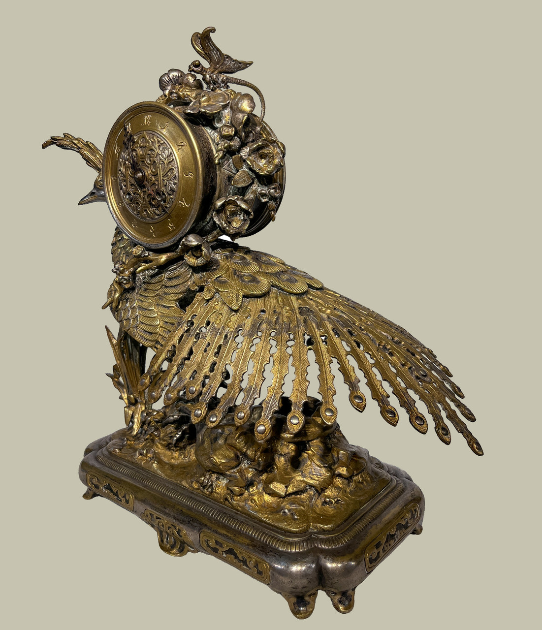 French Japonisme Gilt and Silvered Bronze Clock Garniture Set By