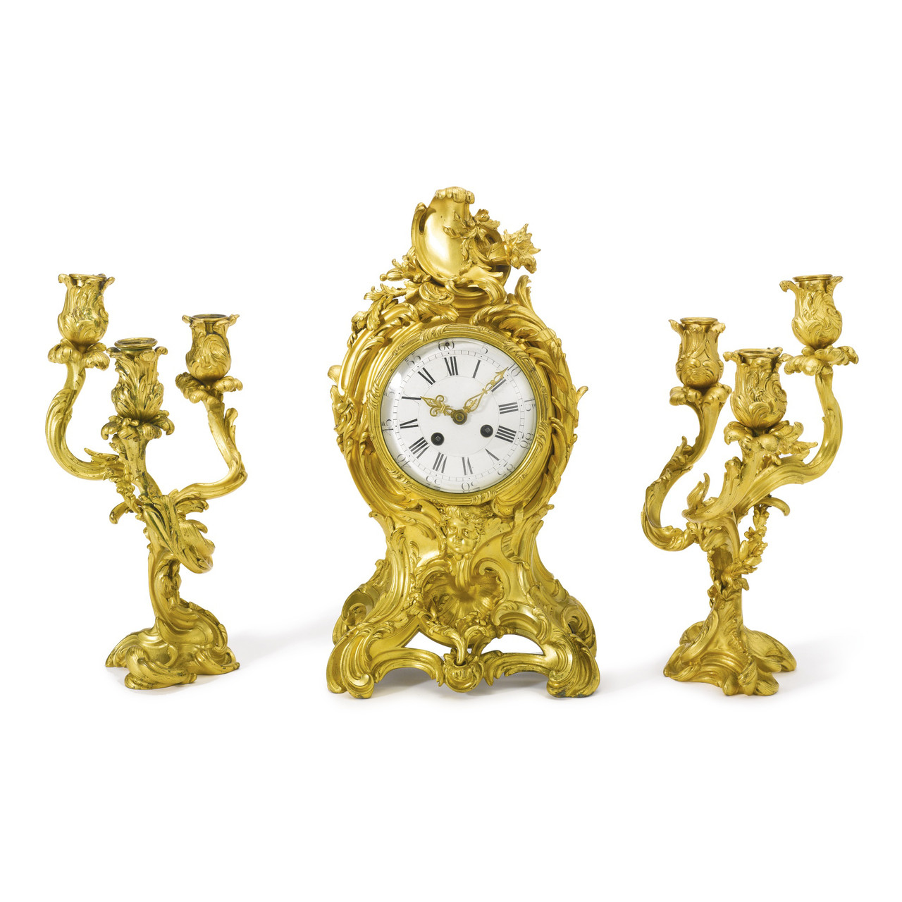 Antique French Louis XV Gilt Bronze Mantel Clock Garniture by Léon